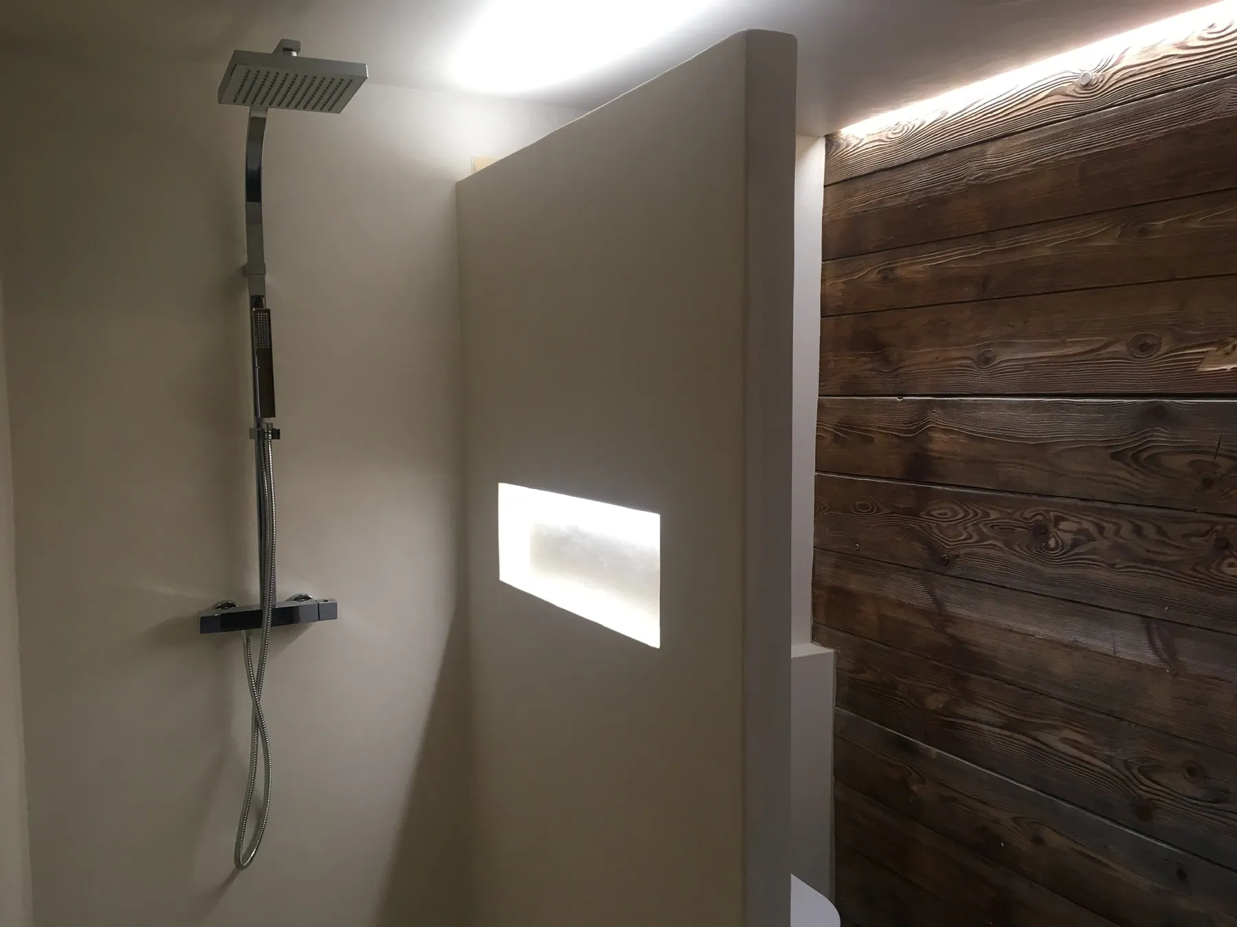 Une douche moderne avec une paroi en microciment intégrant une niche lumineuse, et un mur d'accent en bois — chantier Bio Rénovation, Chablais